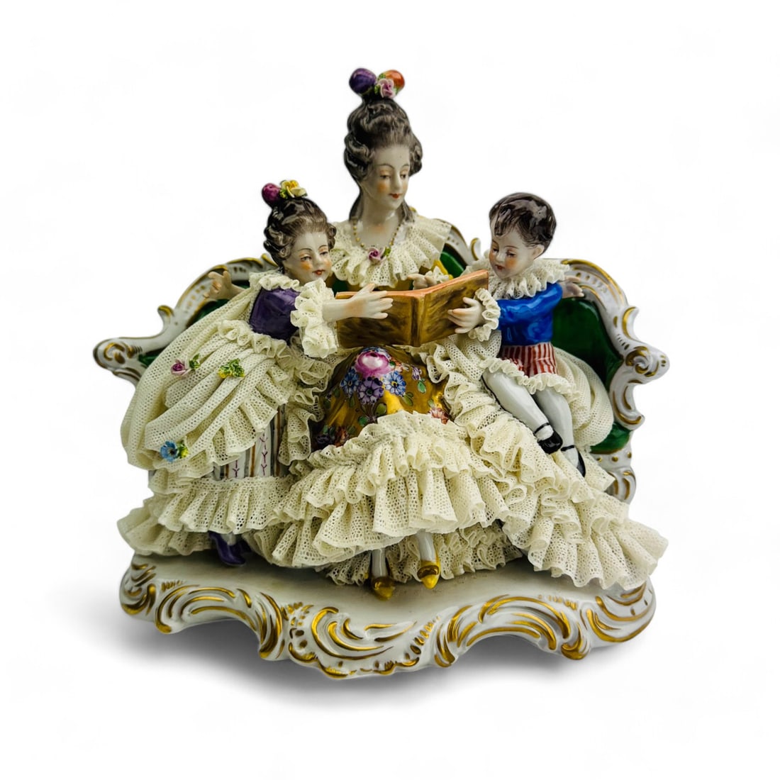 Antique Volkstedt Dresden Lace Porcelain Figurine: Late 19th early 20th century handcrafted German porcelain curio cabinet display. Crafted by the renowned Volkstedt porcelain factory in Thuringia, Germany. Subject matter depicts a mother seated on an