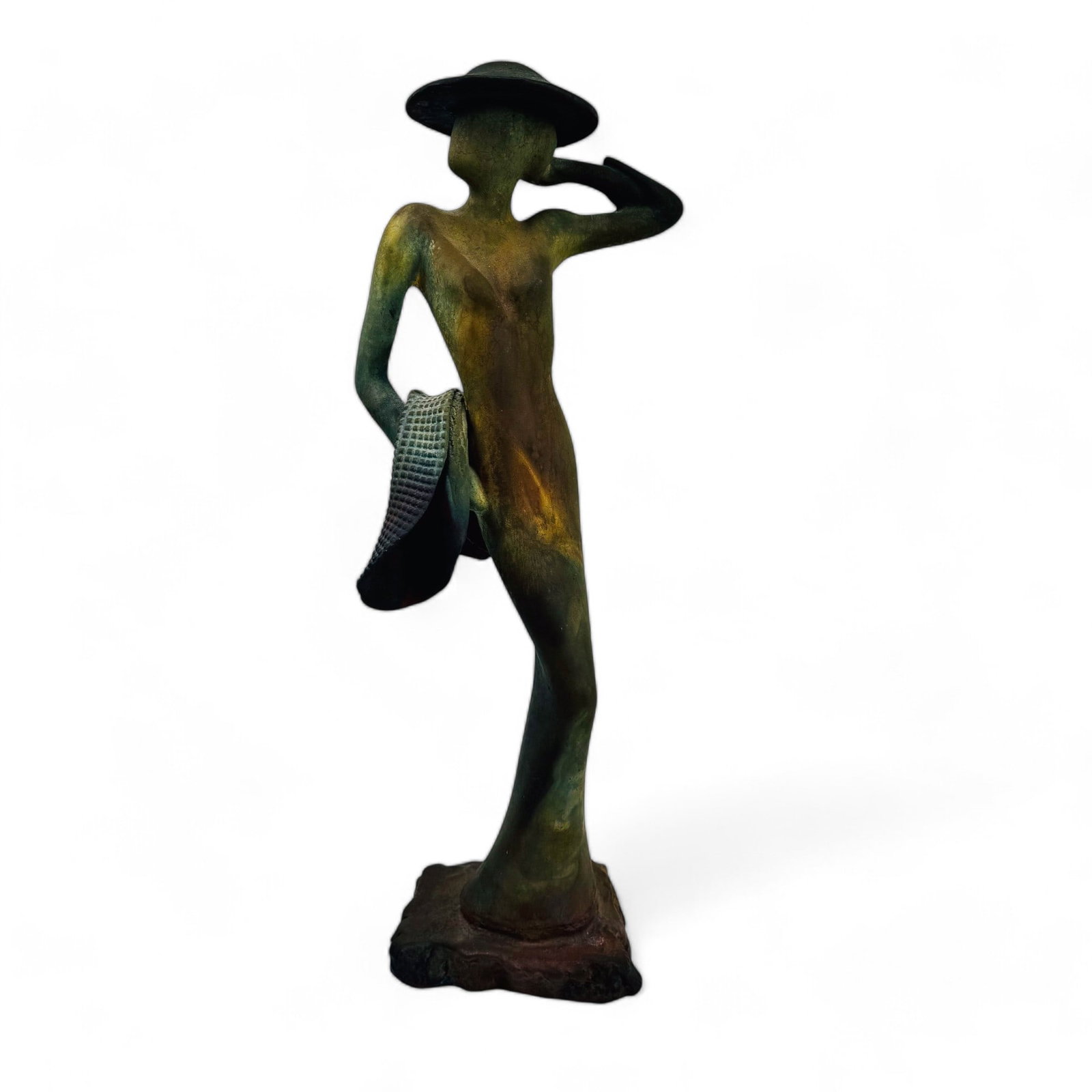 George Tudzarov 1944 -2000 Raku Pottery Sculpture: George Tudzarov (American, 1944 - 2000 ). Subject matter features a tall and slender elongated female form in an Art Deco inspired design. The faceless figure wears a wide brimmed hat and holds a text