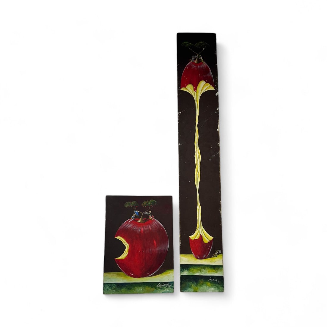 Carlos Alpizar b 1965 Surrealist Apple Oil Painting: Carlos Alpizar (Cuban, born 1965). Estate lot of a total of two (2) oil on canvas paintings. Each features a surrealist image featuring a red apple with figures, against a dark ground. Signed in the p