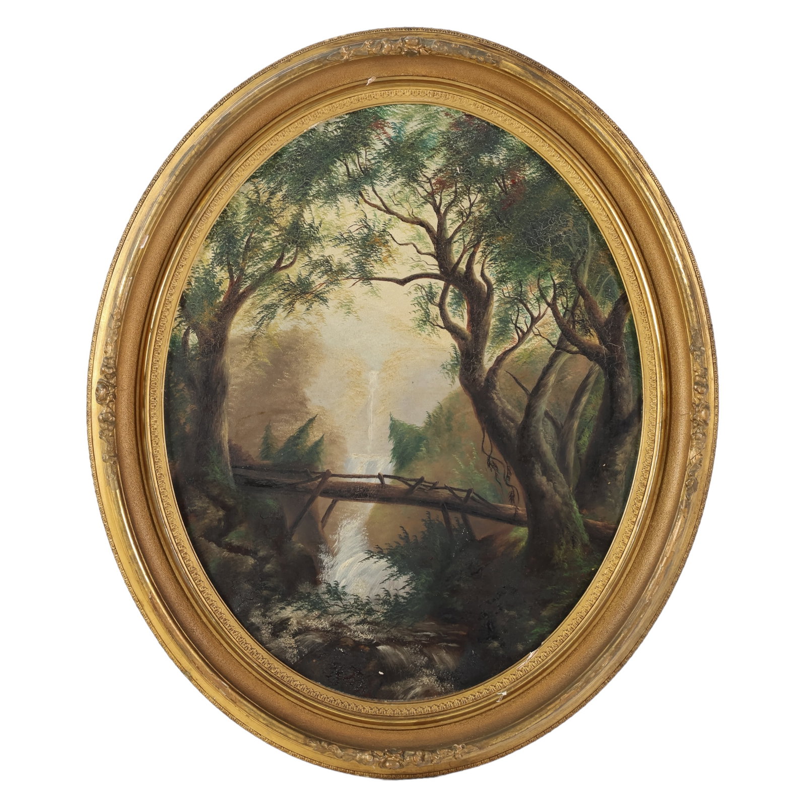 Antique Bridge & Waterfall Oval Landscape Painting: An antique oil painting on canvas depicting a forest landscape with a tree log bridge over a waterfall. No apparent signature. Hand-inscribed name in pencil is aligned vertically on the wood verso. Pr