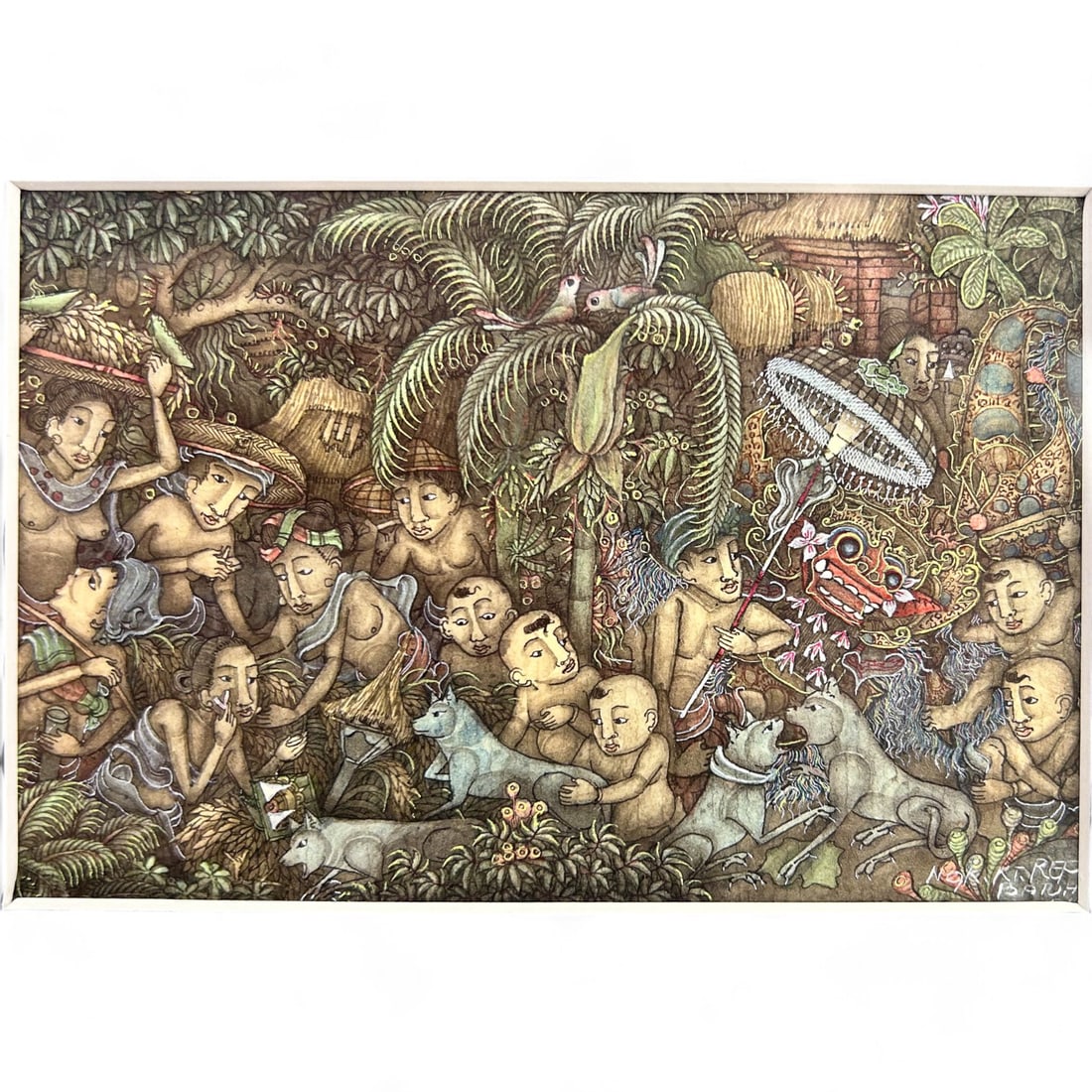 Balinese Ink & Watercolor Jungle Scene Painting: This painting from Bali is a detailed ink and watercolor piece, showcasing traditional Balinese figures amidst a vibrant jungle setting. The intricate details depict various human figures interacting 