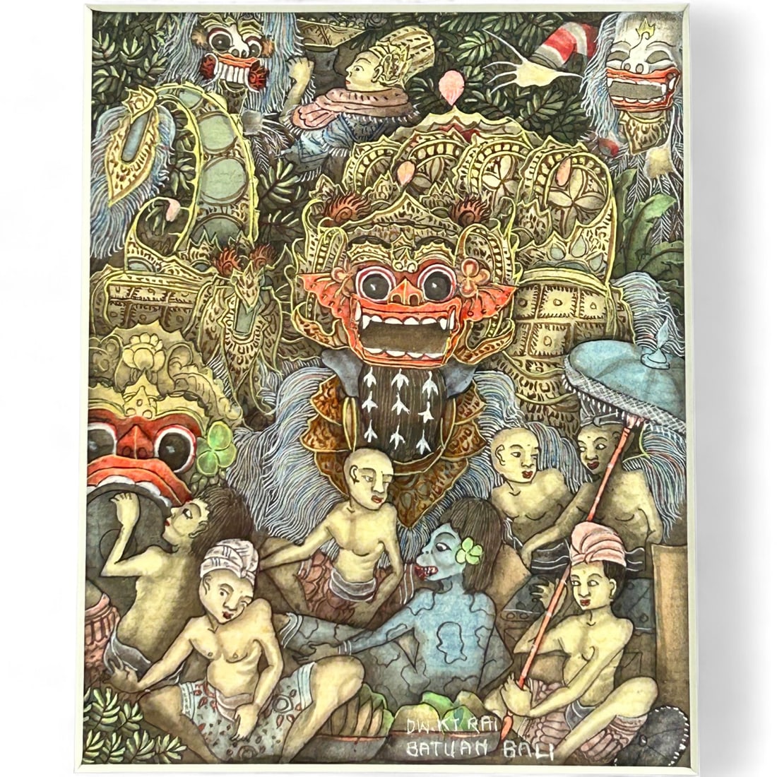 Balinese Batuan Style Mythological Framed Painting: Detailed Balinese Painting done in the traditional Batuan style, a famous art movement from the village of Batuan in Bali, Indonesia. Housed in gold frame with black mat. Signed lower right corner by 