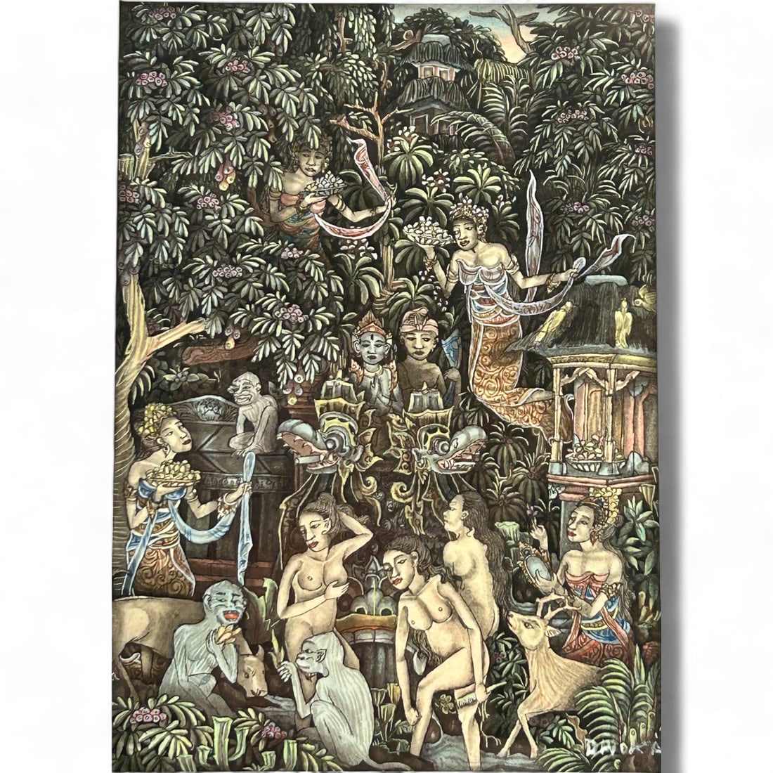 Indonesian Ink Watercolor Mythical Scene Painting: Black Ink with delicate washes of watercolor, the artwork features nudes, animals and lush landscape. Signed lower right corner by artist. Presented in a gold frame with a black mat. Work Size: 4.5 x 