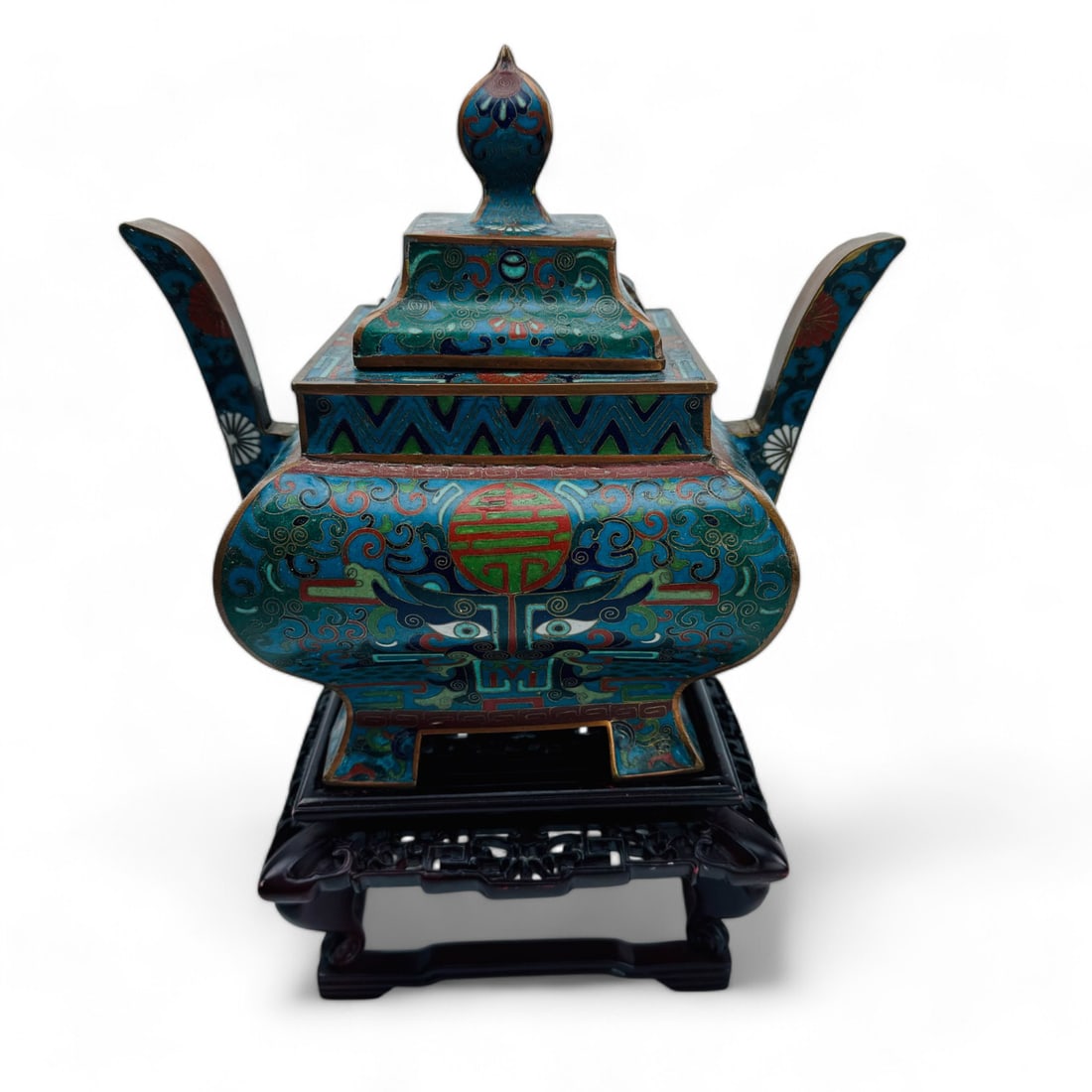 Chinese Cloisonne Incense Censer Burner Wood Stand (1 of 5)