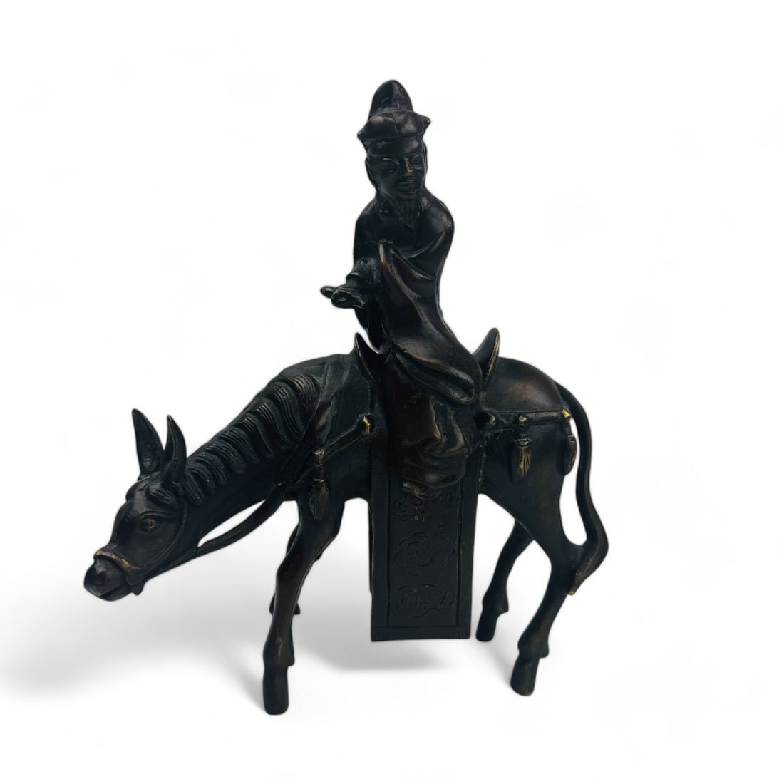 Chinese Bronze Scholar Wise Man on Horse Sculpture: 20th century bronze sculpture featuring a scholarly man, dressed in traditional attire, seated top a horse holding what appears to be a scroll. The blanket on the horses back features an engraved scro