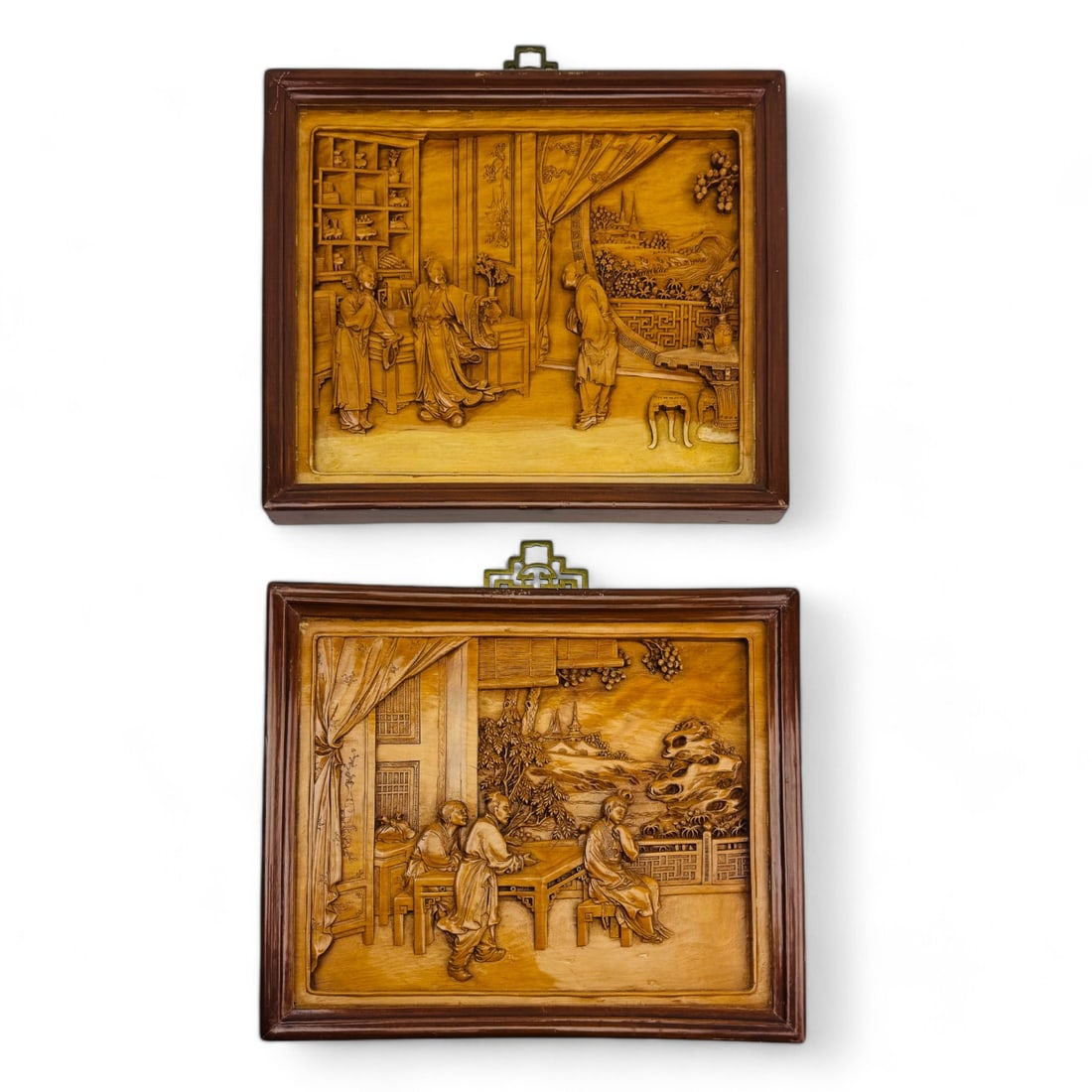 Chinese Pair Carved Wood Figural Wall Plaques 2pc (1 of 5)