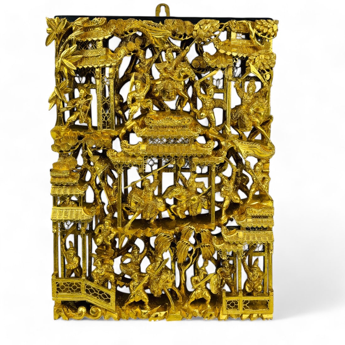 Chinese Gilt Wood Warrior Scene Carved Wall Panel (1 of 4)