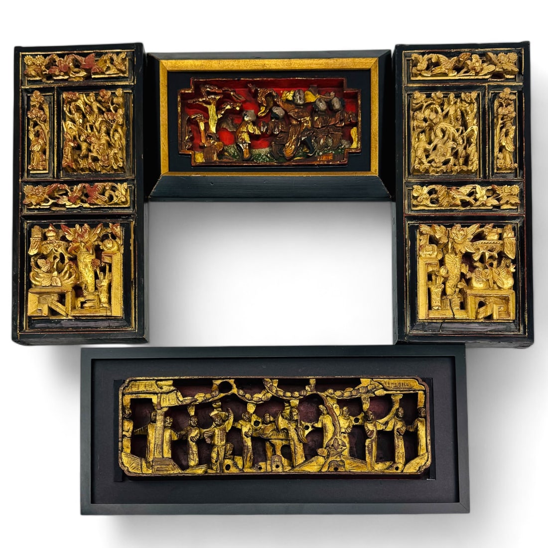 Chinese Carved Giltwood Figural Floral Panels 4pc (1 of 5)