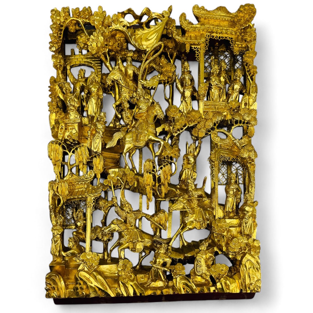 Chinese Carved Warrior Horseback Gilt Wood Plaque (1 of 6)