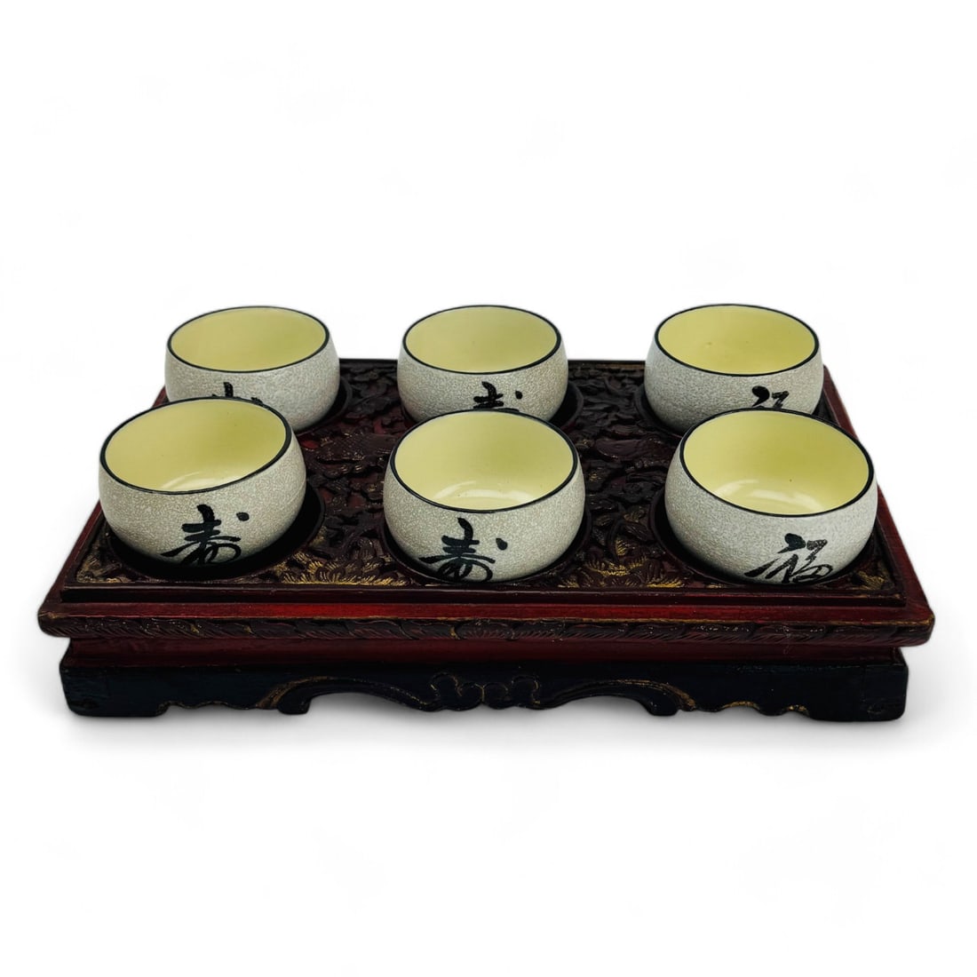 Chinese Carved Wooden Temple Tray w/ Ceramic Bowls (1 of 6)