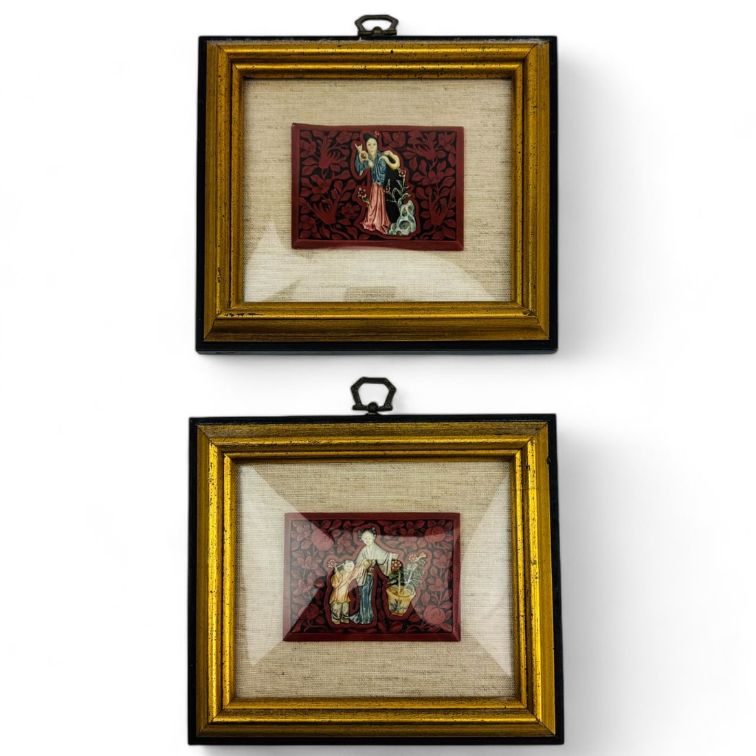 Framed Chinese Cinnabar Polychrome Figural Plaques (1 of 2)