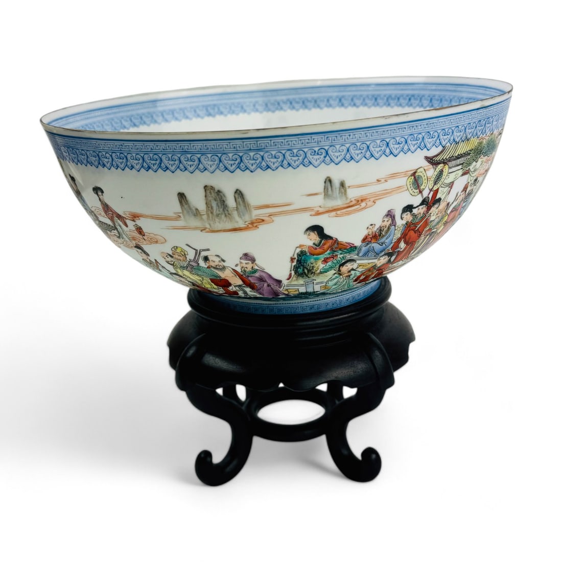 Chinese Painted Eggshell Porcelain Bowl w/ Stand: A finely detailed Chinese eggshell porcelain bowl, intricately hand-painted in manner with scenes of traditional figures and groups of people carrying musical instruments, in a rust and grisaille colo