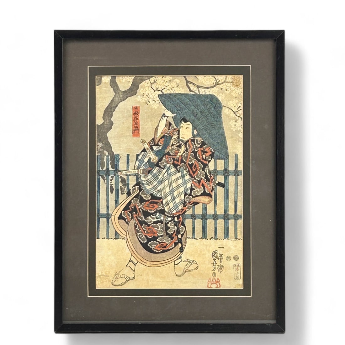 Japanese Samurai Figure Colored Woodblock Print (1 of 5)