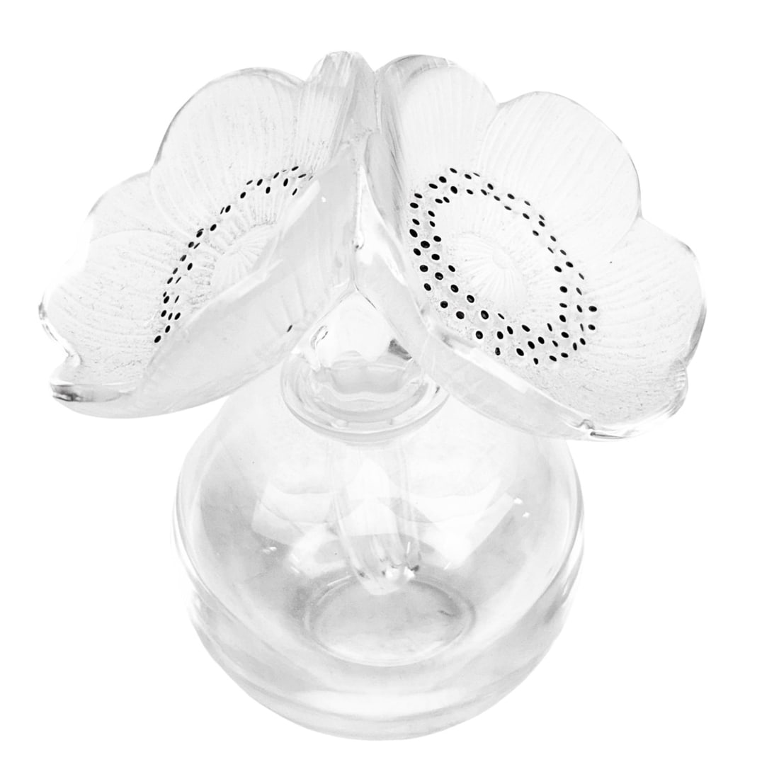 Lalique Deux Anemones Frosted Crystal Scent Bottle: 20th century Lalique France "Deux Anemones" Art Deco inspired vanity dresser scent perfume bottle. Designed originally by Lalique in 1929. Design features two anemone shaped frosted flowers designs wi