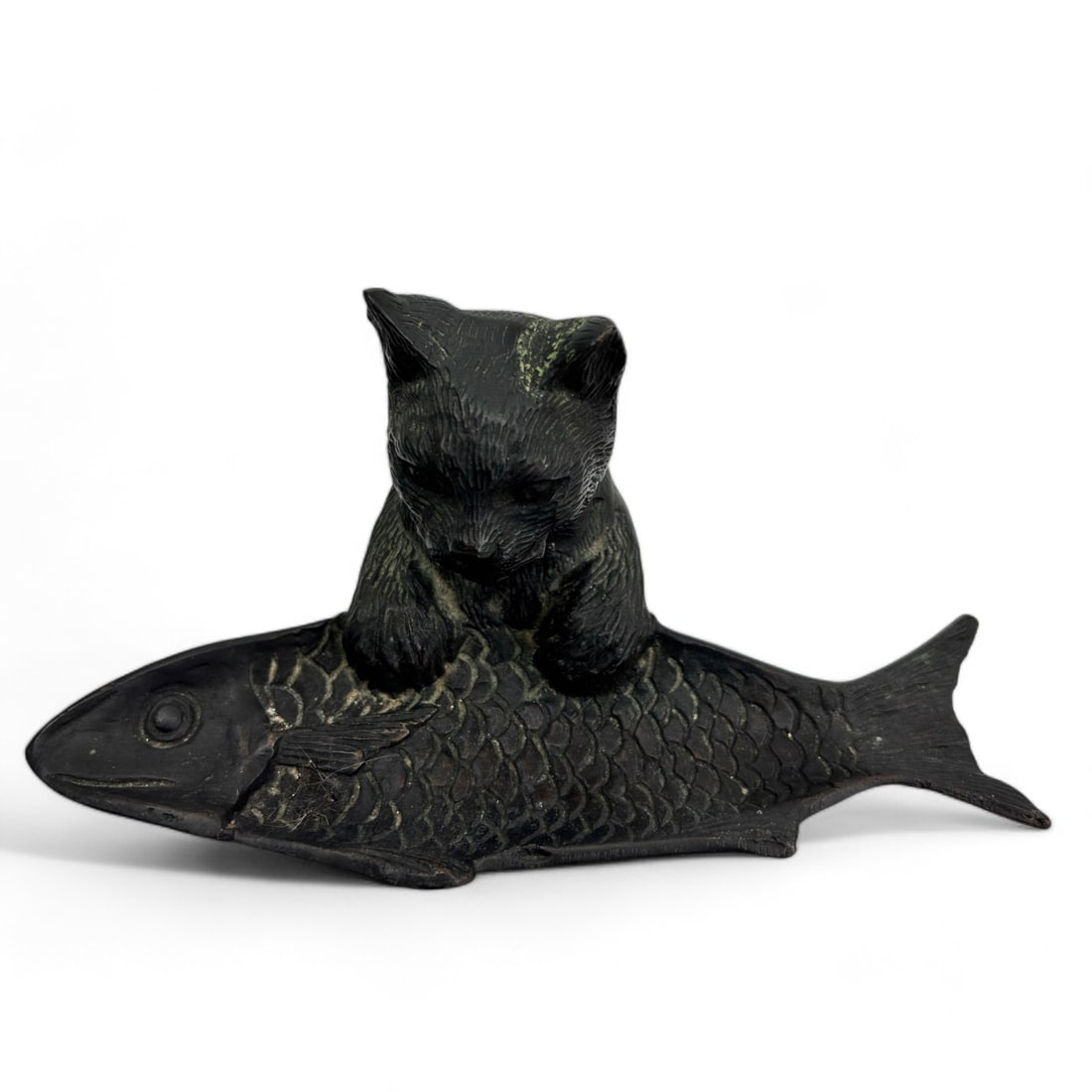 Antique Bronze Cat w/ Fish Office Desk Pen Rest (1 of 5)