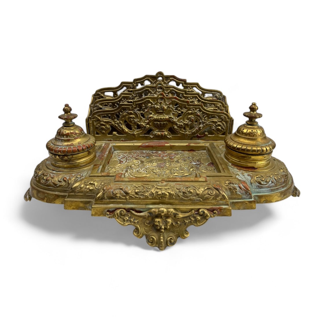 Antique French Style Brass Inkwell w Letter Holder (1 of 11)