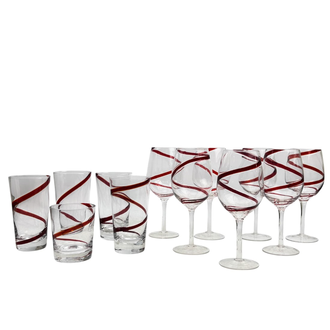 Moretti Style Red Swirl Murano Art Glass Stemware: A twelve (12) piece bar barware glass lot, featuring a mix of seven (7) wine goblets, four (4) tumblers and one (1) double old fashioned glass. Modeled in the style and manner of Carlo Moretti (Italia