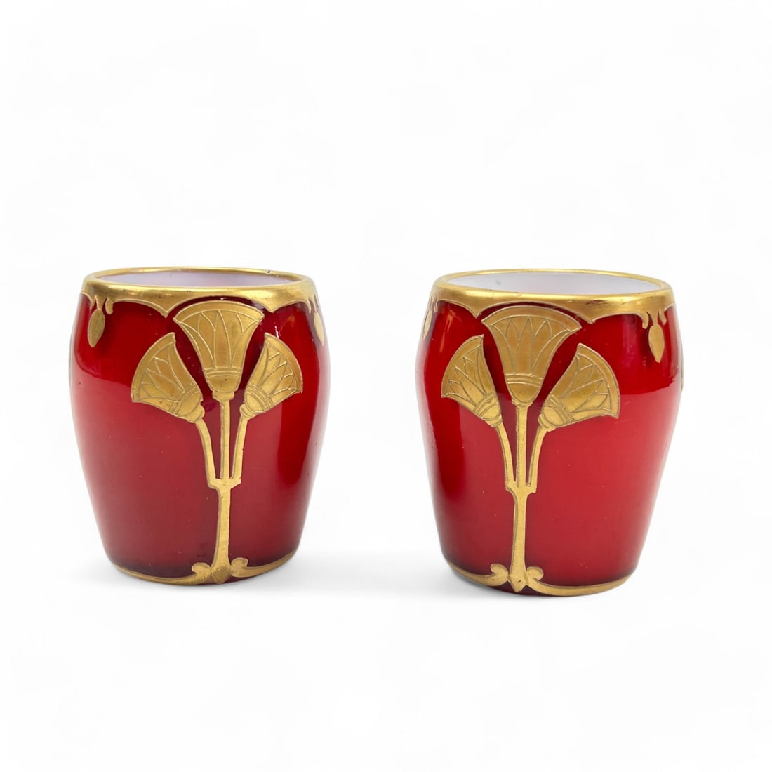 Legras France Red Glass Gilt Lotus Beaker Cup PAIR (1 of 4)