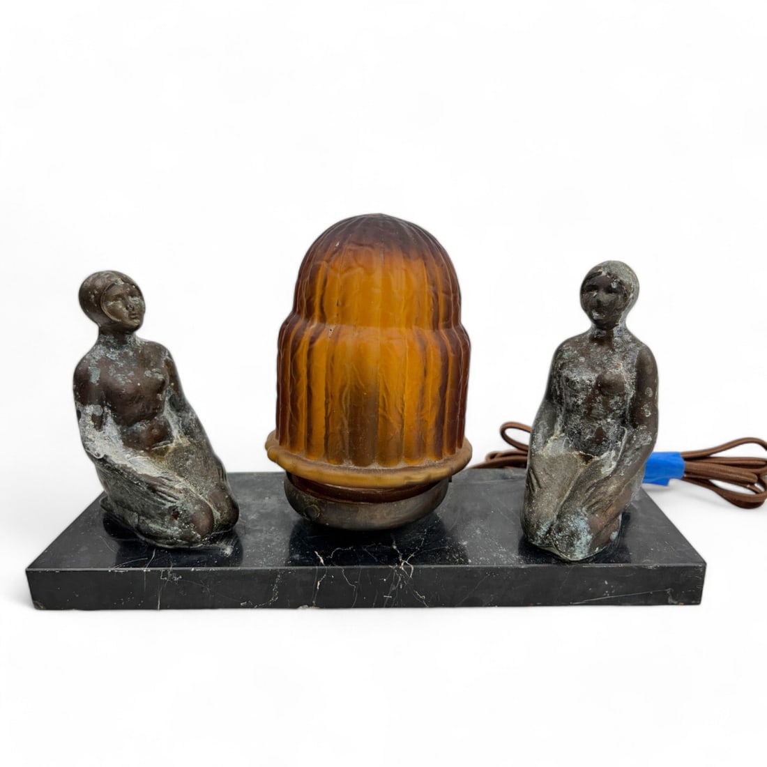 Art Deco Figural Nude Amber Glass Dome Desk Lamp: An Art Deco Frankart inspired boudoir night lamp. This exceptional 1930's depression era fixture features a central amber colored vertical ribbed glass shade likely representing a honeycomb or beehive