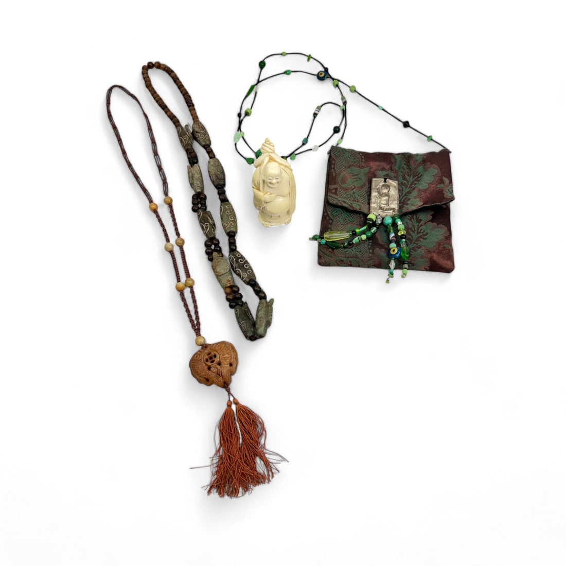 Chinese Silk Purse Beaded Necklace Carved Figurine (1 of 4)