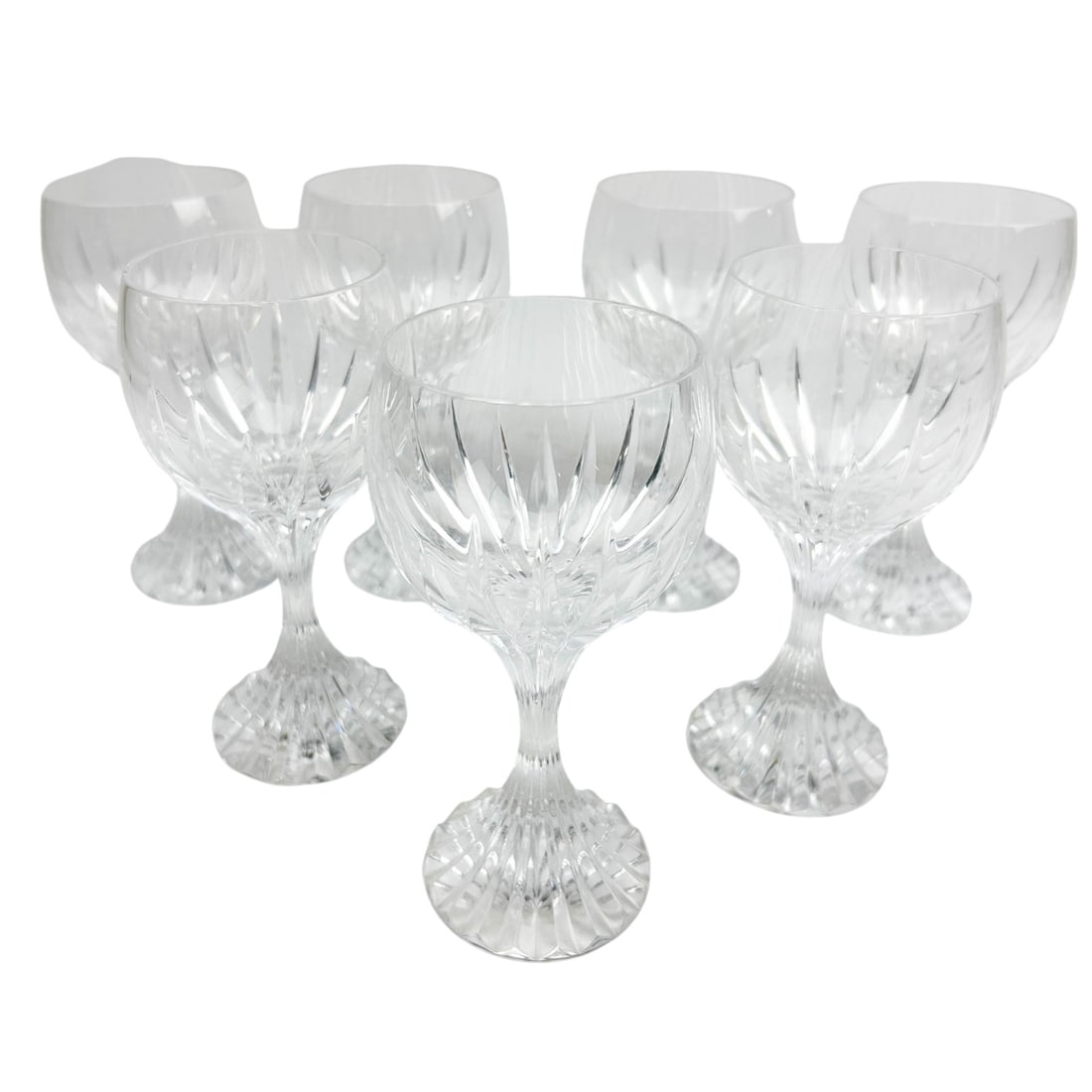 Baccarat Massena Claret Wine Crystal Goblets 7pc: Estate lot of a total of seven (7) Baccarat France French clear crystal art glass bar barware wine glasses. Modeled in the Massena pattern. Introduced in 1979. Each graced with a stunning vertical dee