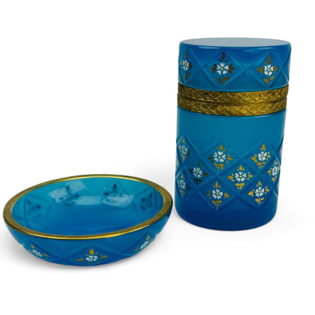 French Blue Opaline Floral Enamel Glass Jar & Dish (1 of 4)