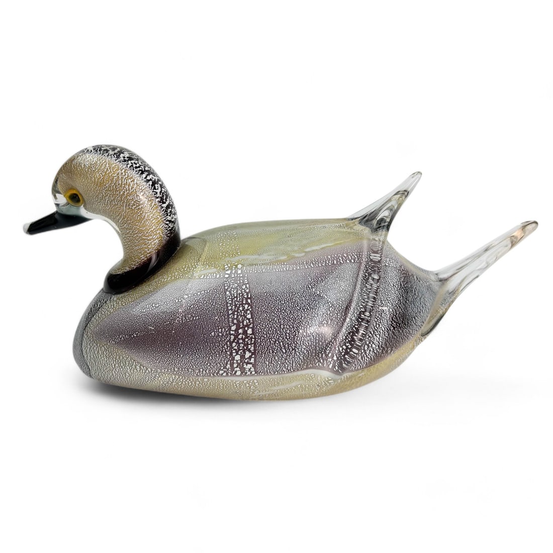 Murano Venetian Cased Silver Gold Fleck Glass Duck: Italian 20th century studio artisan hand blown Murano Venetian art glass duck bird sculpture. Features intricately encased glasswork with silver and gold fleck detailing, producing a textured and shim