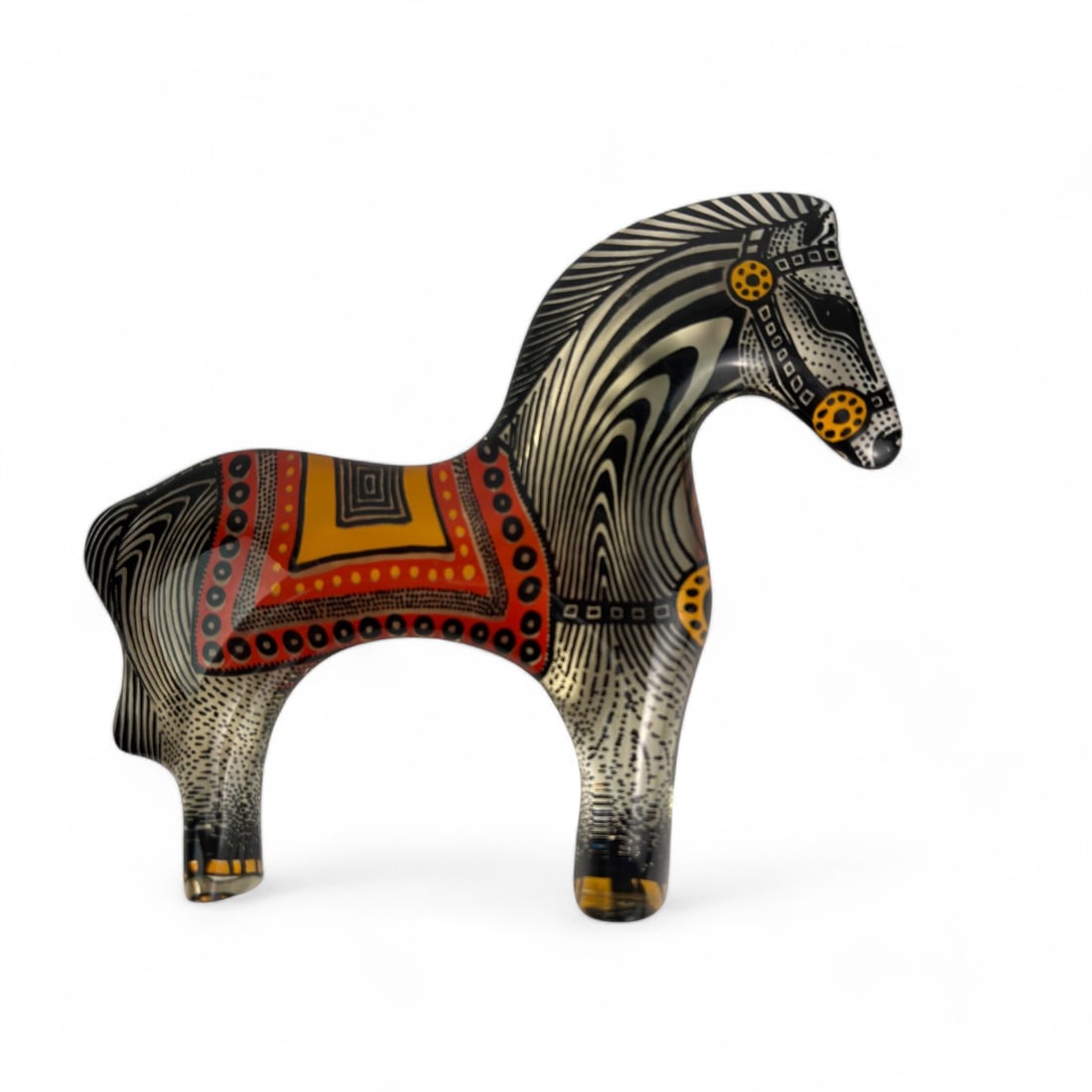 Abraham Palatnik Lucite Op Art Zebra Sculpture: Abraham Palatnik (Brazilian, 1928–2020) mid century modern acrylic sculpture. Modeled as a standing zebra, this highly collectible sculpture features a vivid geometric design in black, white, red an
