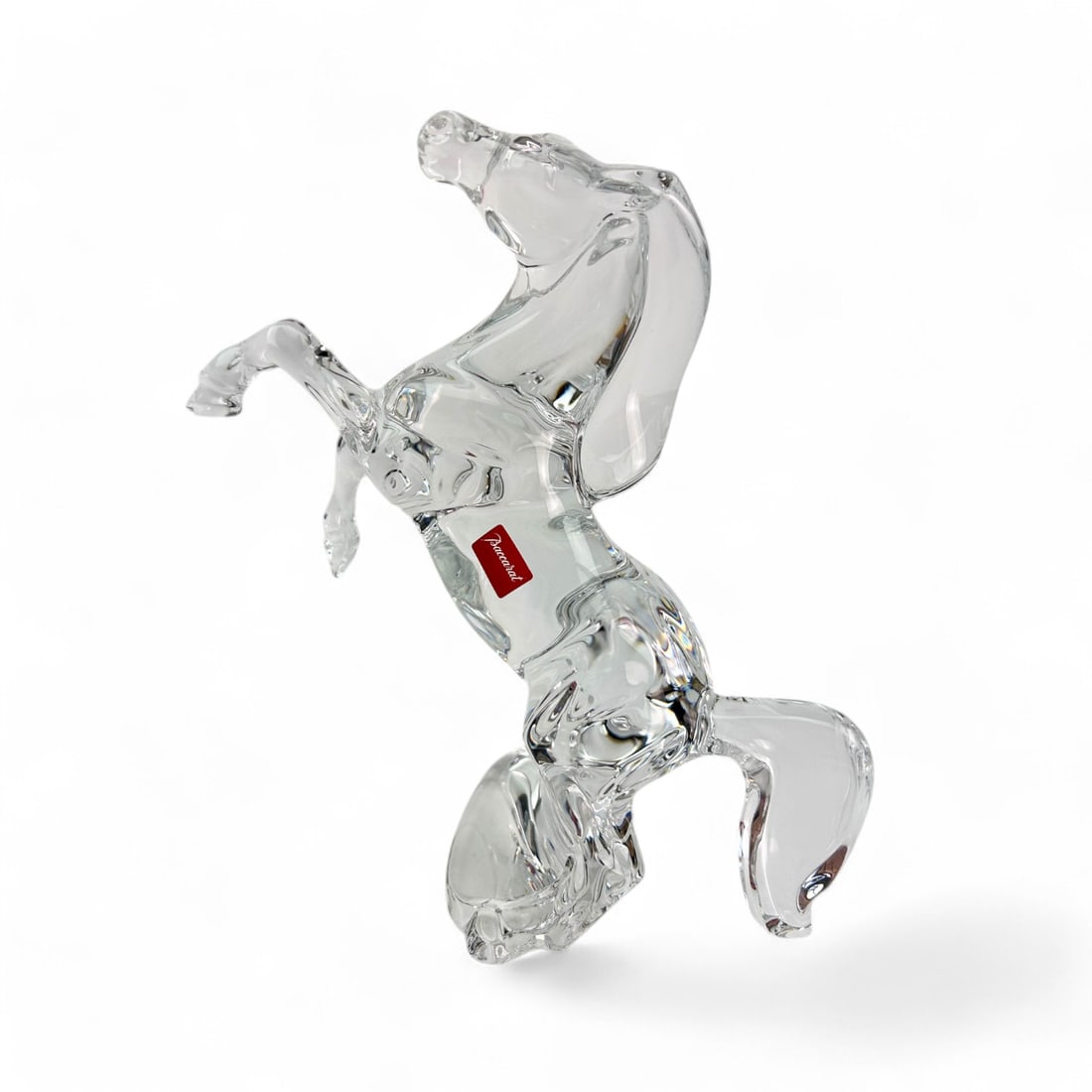 Baccarat France Rearing Horse Equestrian Sculpture: Baccarat France clear crystal art glass equestrian themed sculpture of a rearing horse. Showcases the elegance and energy of a rearing stallion. Signed ~ retains its red paper sticker and stamped on t