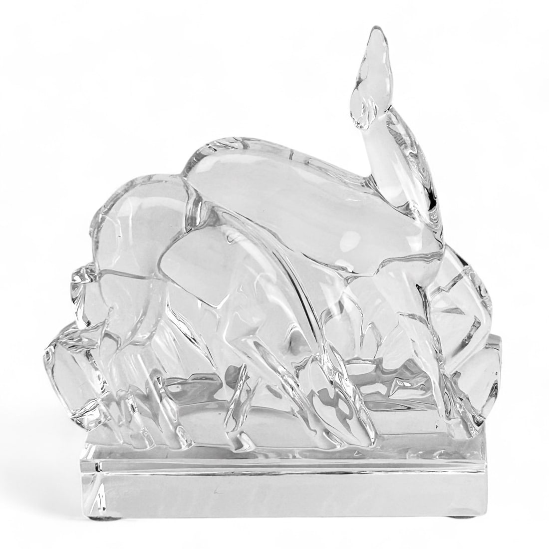 Baccarat France Art Deco Gazelle Deer Sculpture: Baccarat France, Art Deco clear crystal glass deer animal sculpture featuring a gracefully poised gazelle, one with head raised upwards, the other with head down, foraging the forest floor. Signed ~ s