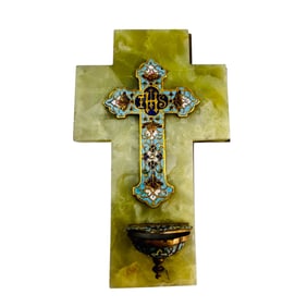 French Champleve Enamel Onyx Brass Holy Water Font