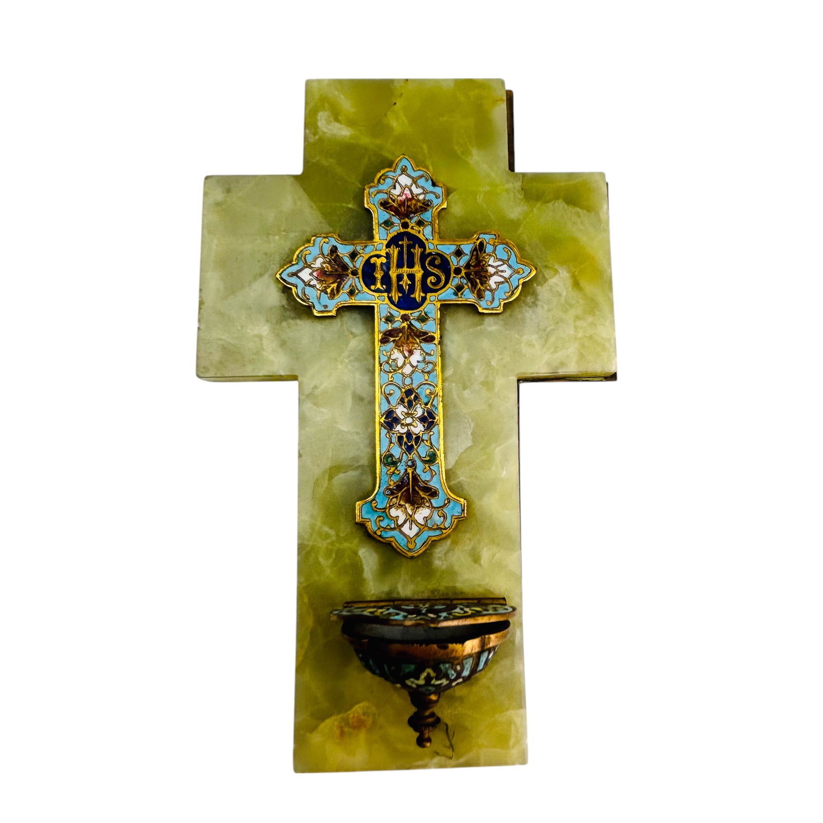 French Champleve Enamel Onyx Brass Holy Water Font (1 of 7)