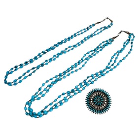 Turquoise Sterling Beaded Necklaces & Brooch Pin