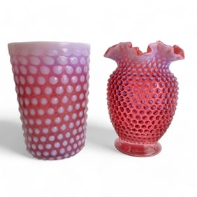 Fenton Cranberry Opalescent Hobnail Glass Vase LOT