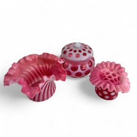 Fenton Cranberry Opalescent Ruffled Vase & Jar LOT