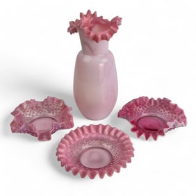 Fenton Peach Crest Hobnail Opalescent Vase Bowl 4p