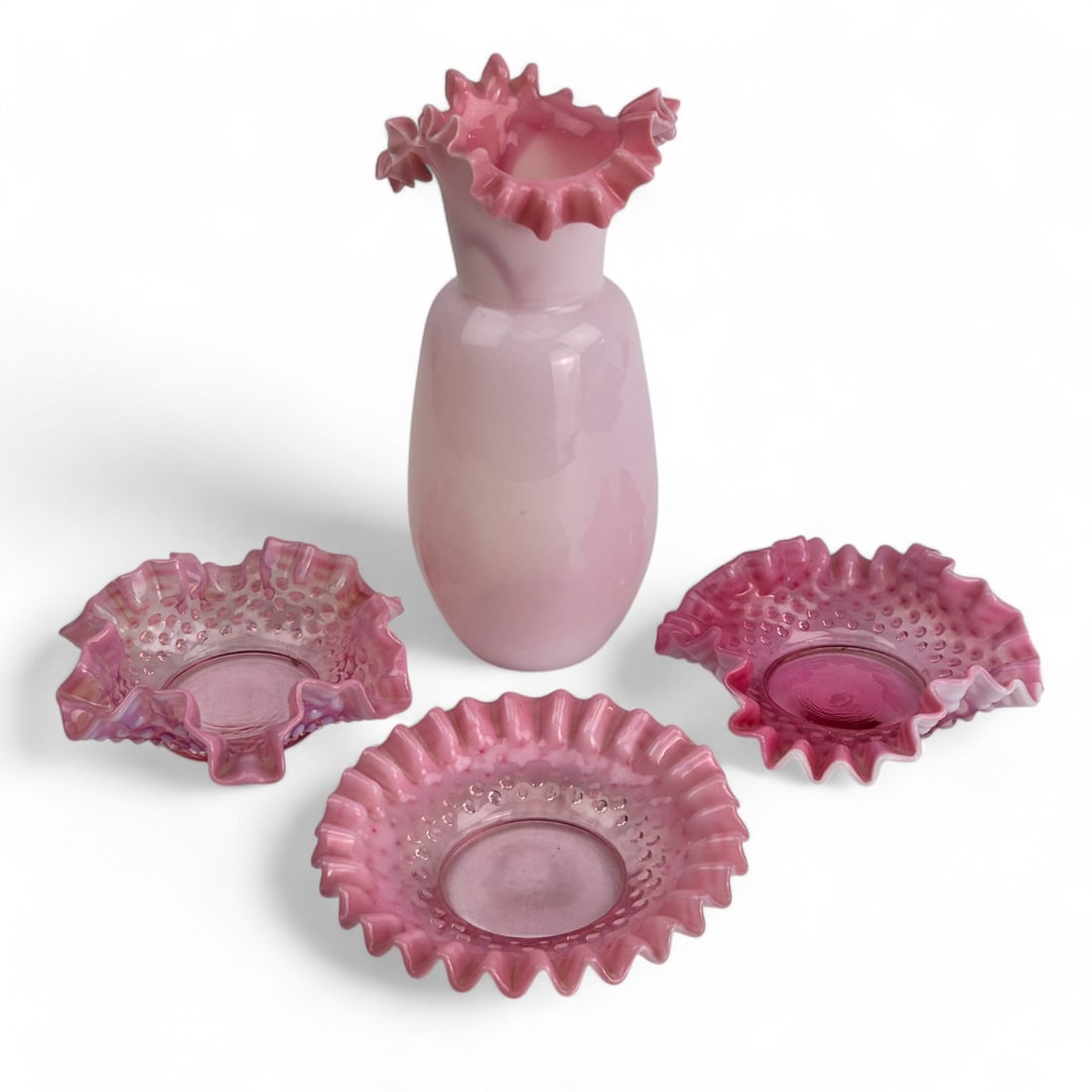 Fenton Peach Crest Hobnail Opalescent Vase Bowl 4p (1 of 5)