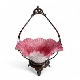 Fenton Art Glass Pink White Hobnail Brides Basket