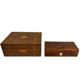 Antique Burl & Marquetry Inlay Jewelry Trinket Box