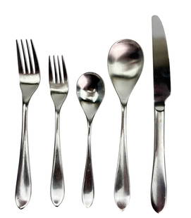 Robert Welch Meridian Satin Stainless Flatware 53p: Robert Welch stainless steel cutlery utensils lot. Total of 53 pieces. Pattern : Meridian Satin. Production years : 2006 - 2022. Design features a plain motif, the handle ends with pointed tips up. In