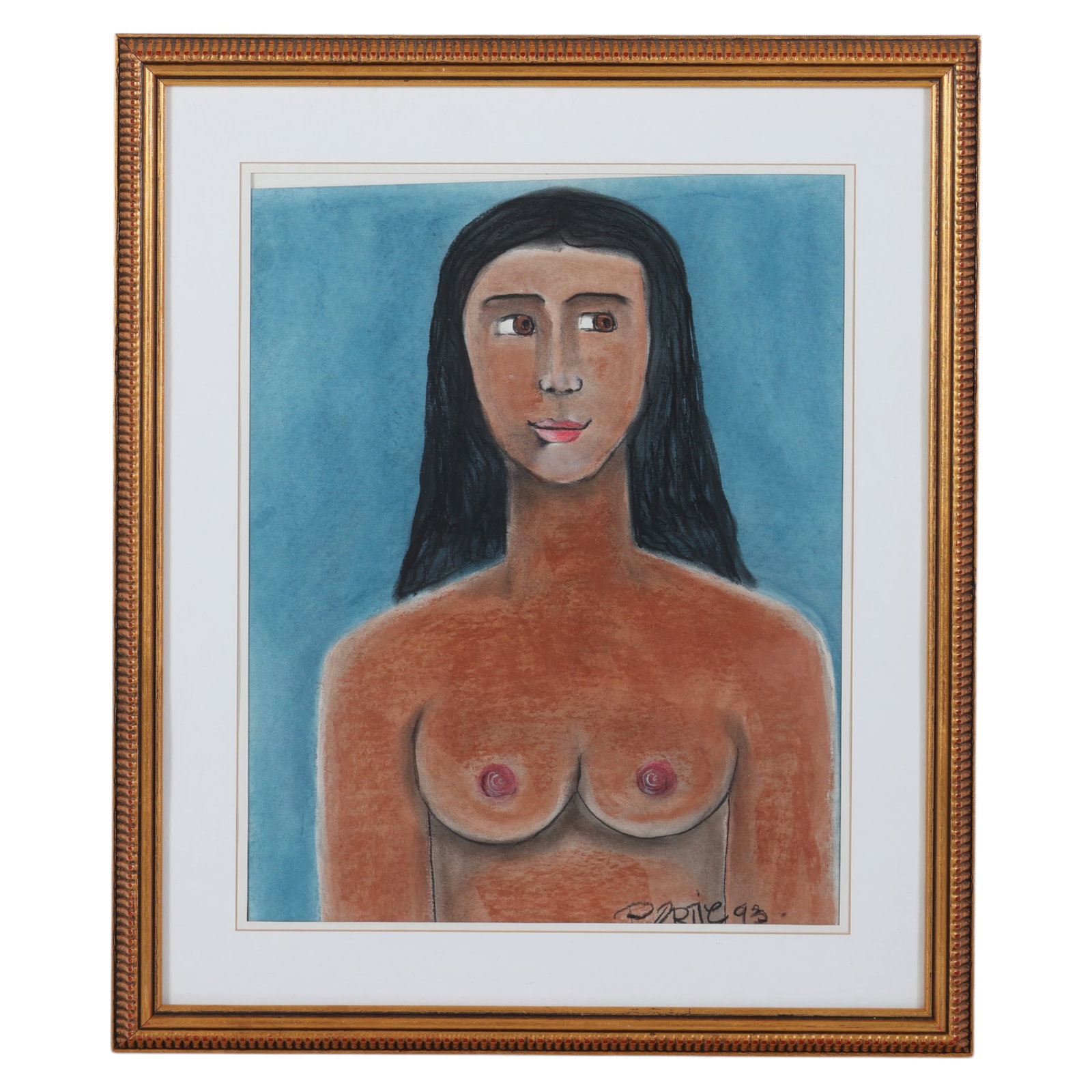 Pedro Ortiz Figural Nude Portrait Pastel Drawing: Pedro Ortiz (20th Century, Mexican) Colored Pastel Drawing on Paper. Depicting a female figure with almond colored eyes and long black hair, in a stylized portrait against blue background. Signed and 