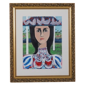 Pedro Ortiz 20thC Woman Portrait Gouache Painting