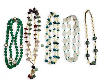 Gemstone and Glass Beaded Necklaces, 5-Piece Lot