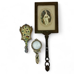 Floral Enamel Hand Mirror and Magnifier 3pc. LOT