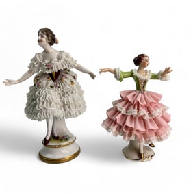 Dresden Porcelain Lace Lady Dancer Figurines 2pc
