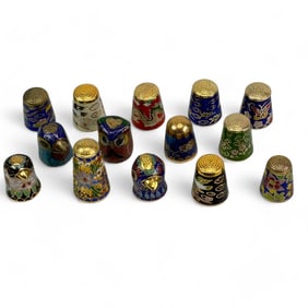 Lot 14 Brass Cloisonne Enamel Sewing Thimbles