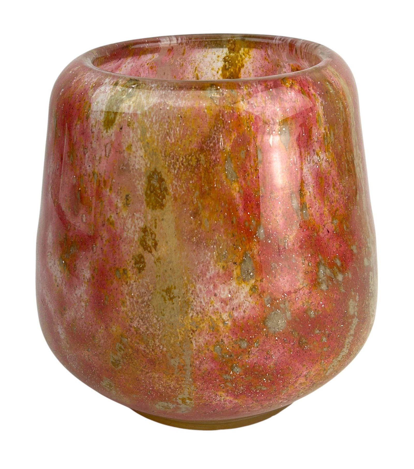 Murano Cased Aventurine & Pink 8" Art Glass Vase: 20th century Murano Italian studio hand blown art glass vase. Featuring a soft, organic bulbous form adorned with shimmering encased gold flecks throughout and vivid pink hues which are interspersed w