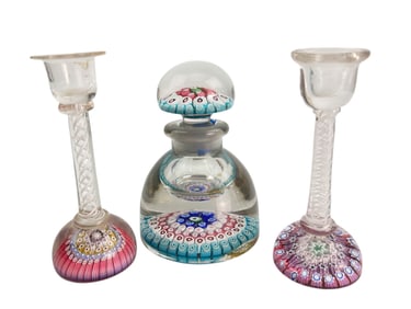 Murano Millefiori Perfume Bottle & Candlesticks Pr