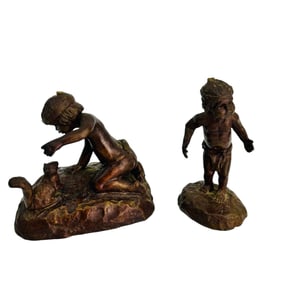 Bronze Miniature Child Squirrel Sculptures 2pc