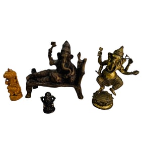 Bronze Brass Wood Ganesha Hindu God Sculpture LOT